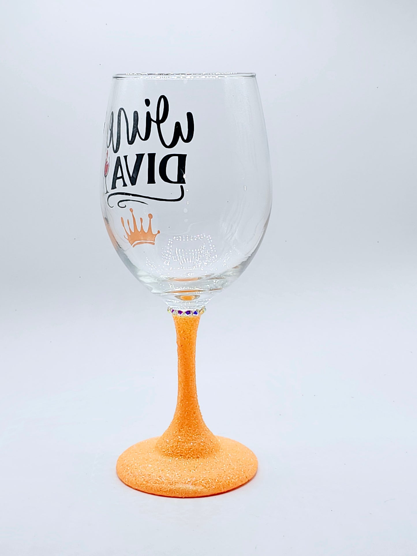 Wine Diva wine glass with orange glitter stem