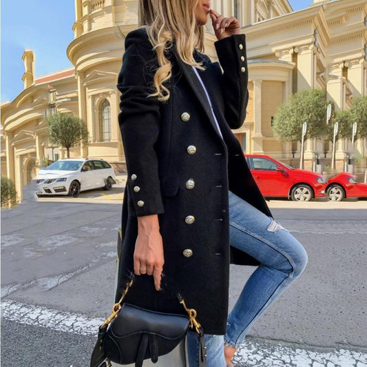 Elegant Wool-Blend Look Mid-Length Double-Breasted Overcoat