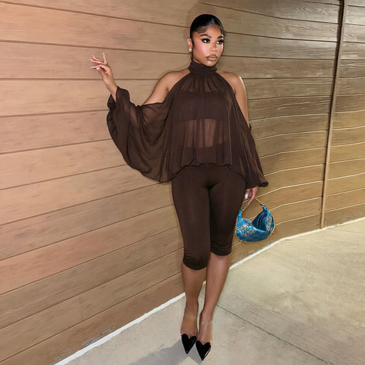 Chic 3-Piece Cutout Long Sleeve Top, Tube Top & Cropped Trousers Set