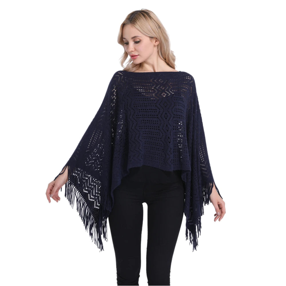 Women’s Two-Way Knitted Poncho Sweater – Hollow-Out Fringe Tassel Shawl Wrap