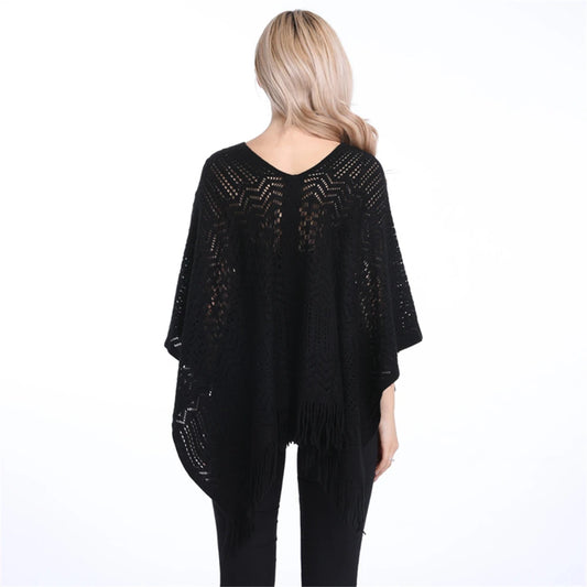 Womenâs Two-Way Knitted Poncho Sweater â Hollow-Out Fringe Tassel Shawl Wrap