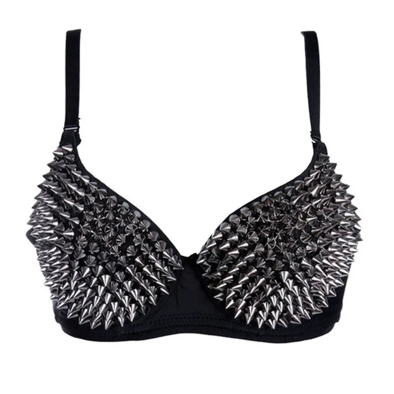 Silver Rivets Punk Rave Gothic Push-Up Bralette Crop Top
