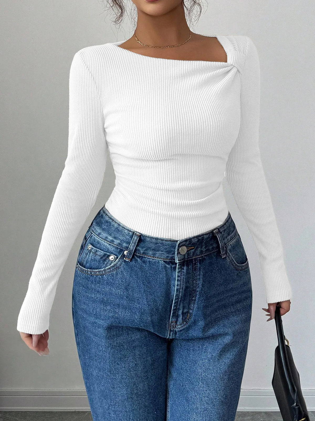 Asymmetrical Pleated Long Sleeve T-Shirt Top