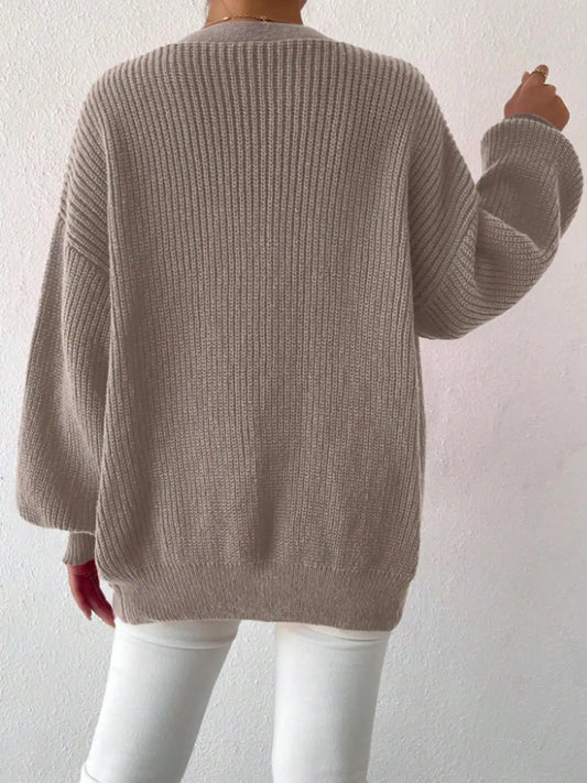 Women’s Plus Size V-Neck Knit Sweater | Cozy Puff Sleeve Fall Pullover