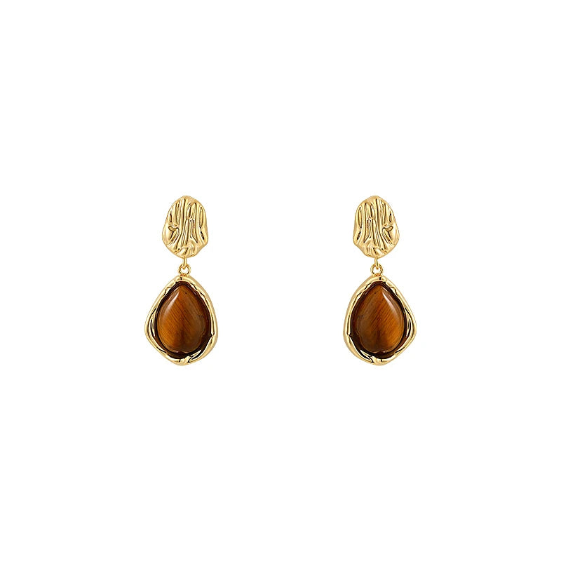 Vintage Waterdrop Tiger’s Eye Drop Earrings | Gold-Plated Statement Jewelry
