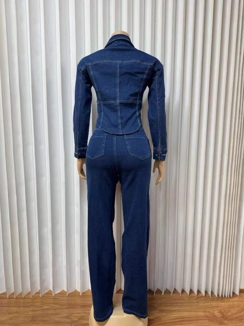 Chic Casual Denim-on-Denim Long Sleeve Shirt & Straight Pant Set