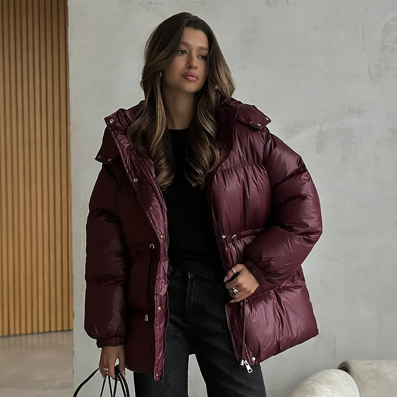 Women's Thick Padded Stand-Collar Winter Jacket with Tie Belt