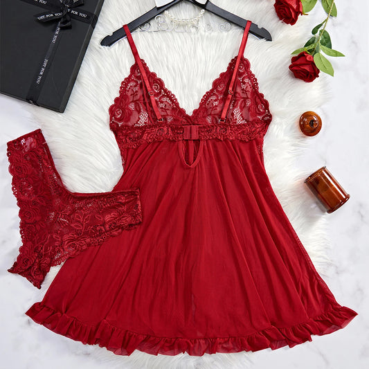 Sheer Lace V-Neck Sleeveless Full Slip Nightdress
