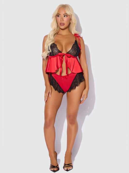 Lace Cup Tie Shoulder Cami & Satin Side-Tie Panty Set