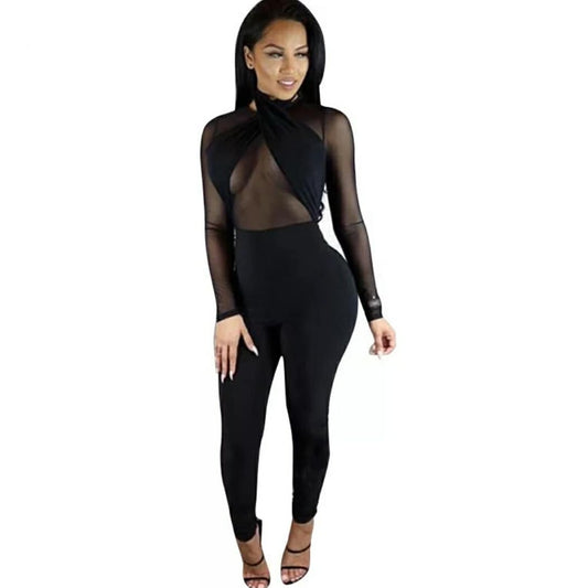 Body con Mesh Patch Work Jumpsuit - myfiercefirefashions
