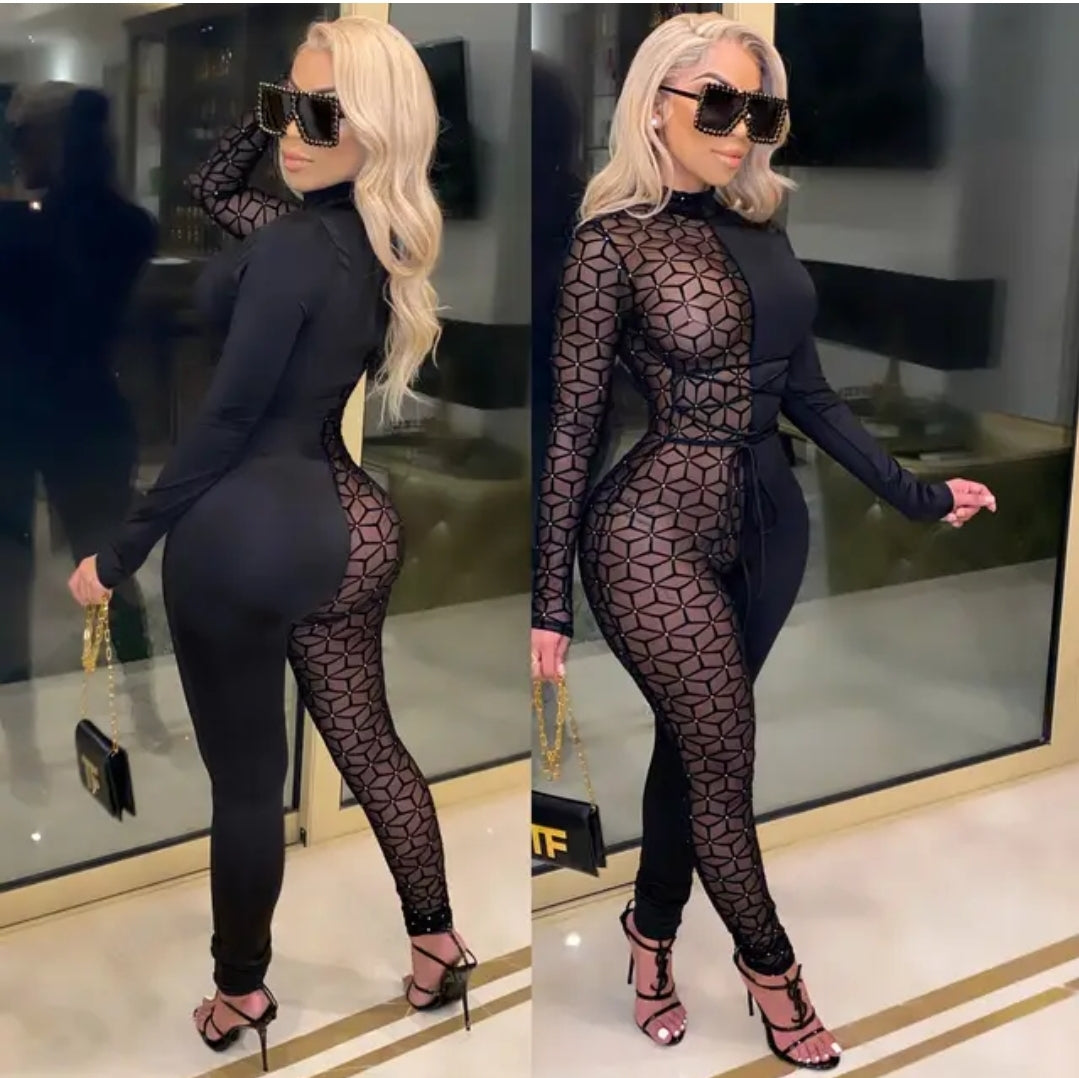 Sensational long sleeve printed mesh patchwork jumpsuit - myfiercefirefashions