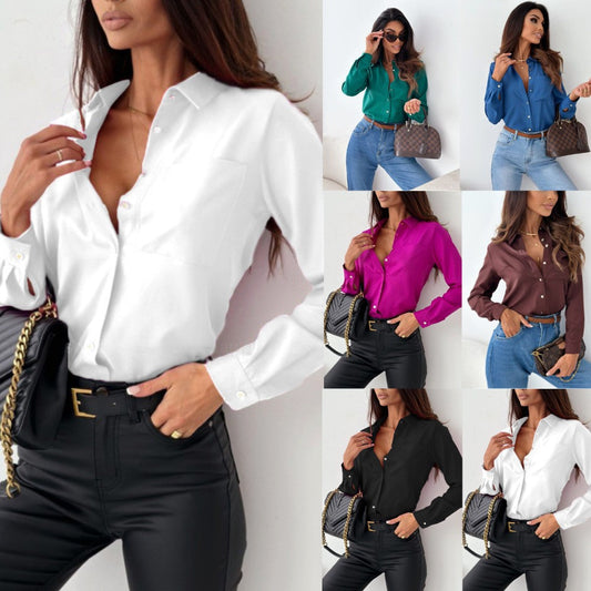 Women’s Long Sleeve V-Neck Blouse | Classic Fall Commute Work Shirt