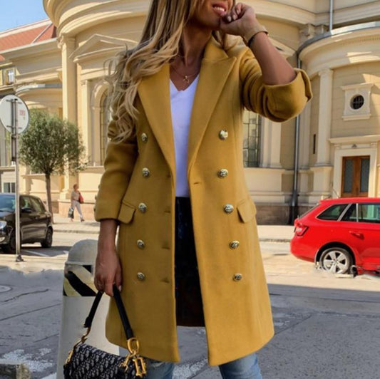 Elegant Wool-Blend Look Mid-Length Double-Breasted Overcoat