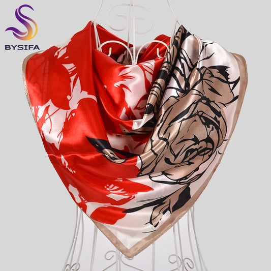 Coffee Red Rose Print Satin Square Scarf