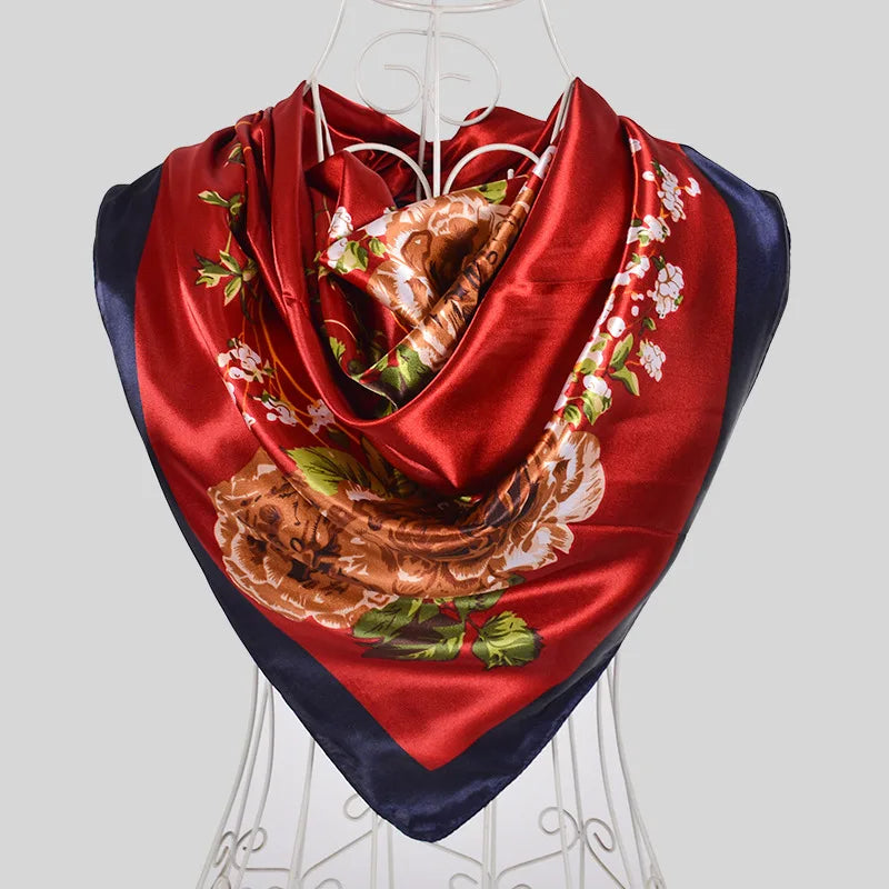 Coffee Red Rose Print Satin Square Scarf