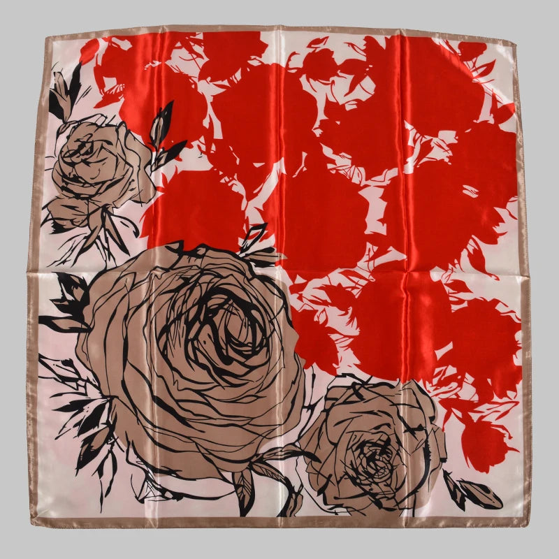 Coffee Red Rose Print Satin Square Scarf
