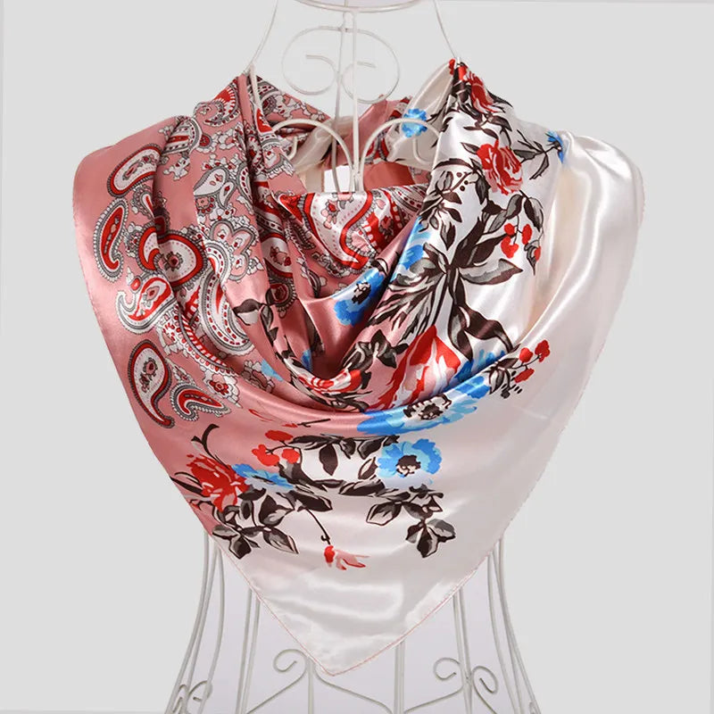 Coffee Red Rose Print Satin Square Scarf