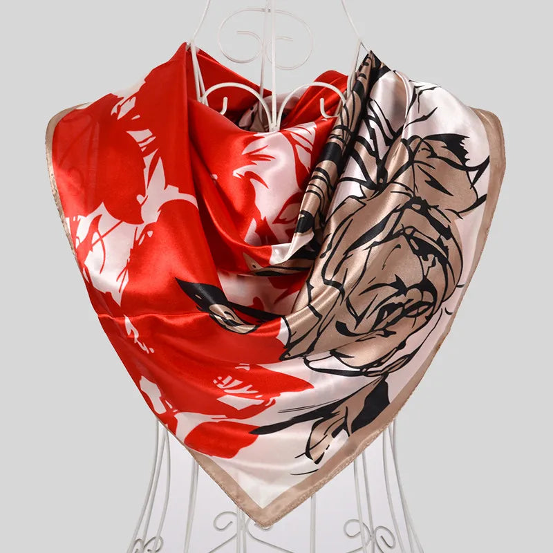 Coffee Red Rose Print Satin Square Scarf