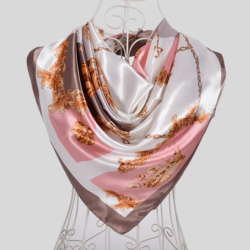 Coffee Red Rose Print Satin Square Scarf