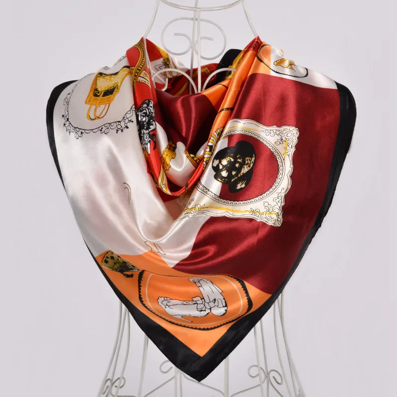 Coffee Red Rose Print Satin Square Scarf