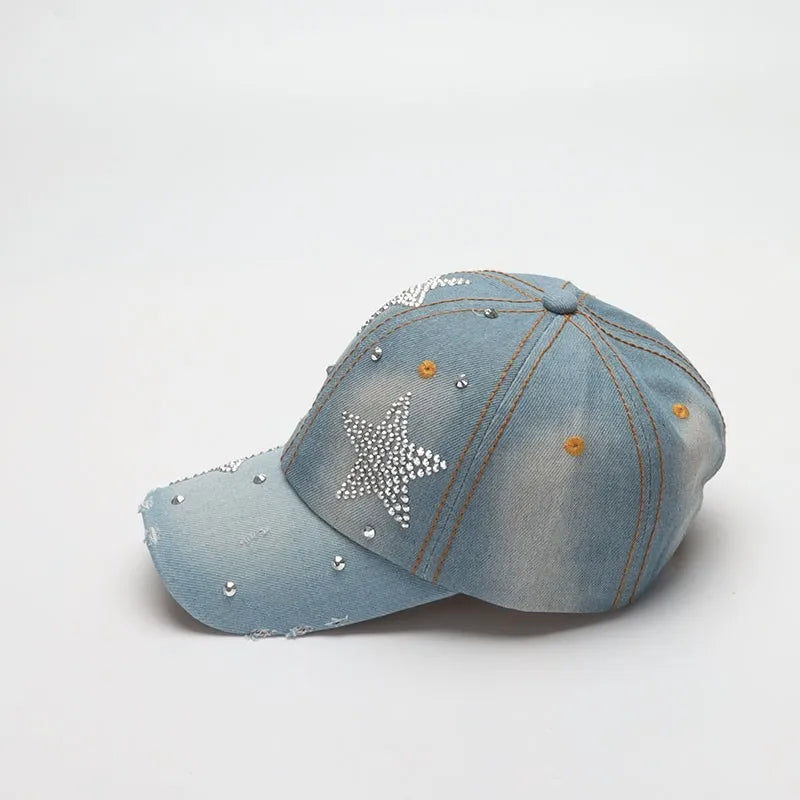 Vintage Star Embellished Denim Baseball Cap | Adjustable Casual Sun Hat