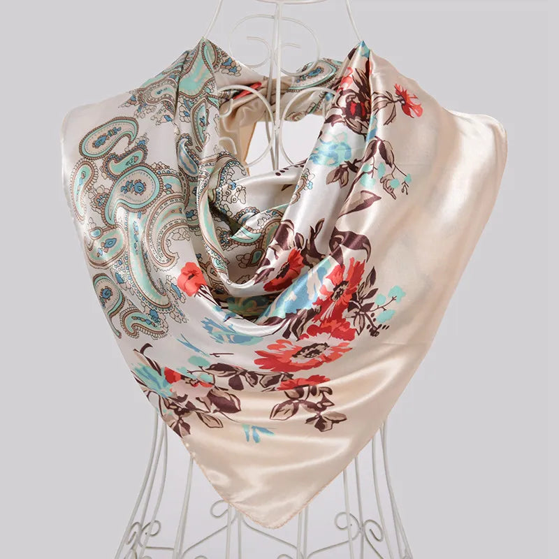 Coffee Red Rose Print Satin Square Scarf