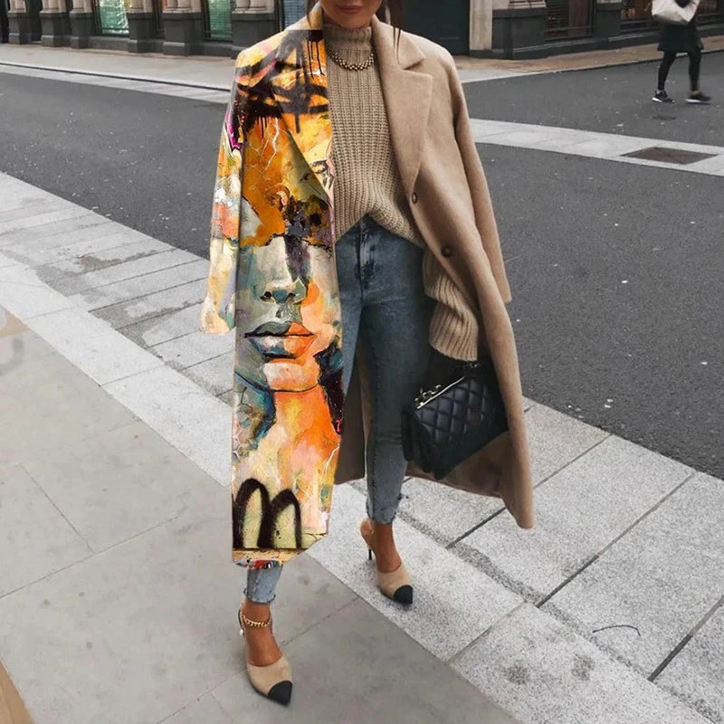 Vibrant Patchwork Print Button-Down Long Cardigan Coat