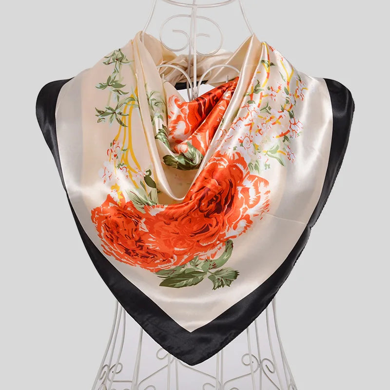 Coffee Red Rose Print Satin Square Scarf