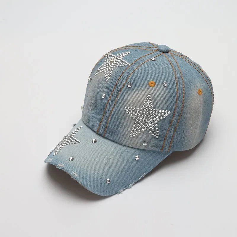 Vintage Star Embellished Denim Baseball Cap | Adjustable Casual Sun Hat