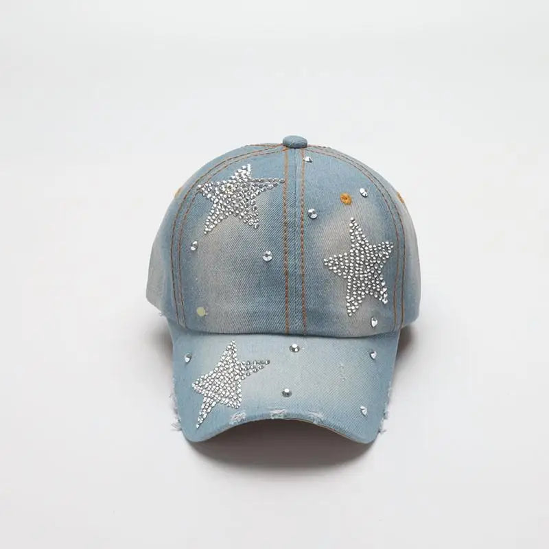 Vintage Star Embellished Denim Baseball Cap | Adjustable Casual Sun Hat