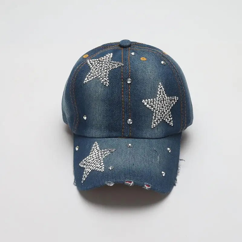 Vintage Star Embellished Denim Baseball Cap | Adjustable Casual Sun Hat
