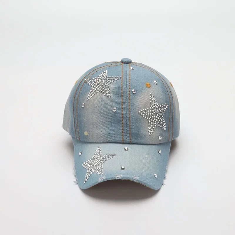 Vintage Star Embellished Denim Baseball Cap | Adjustable Casual Sun Hat