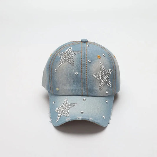 Vintage Star Embellished Denim Baseball Cap | Adjustable Casual Sun Hat