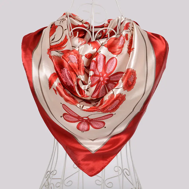 Coffee Red Rose Print Satin Square Scarf