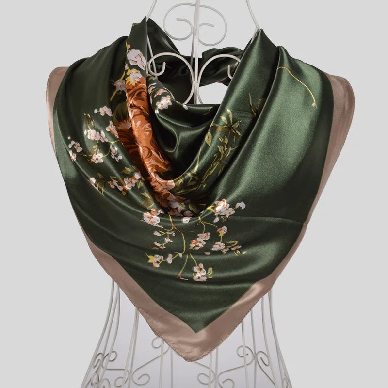 Coffee Red Rose Print Satin Square Scarf