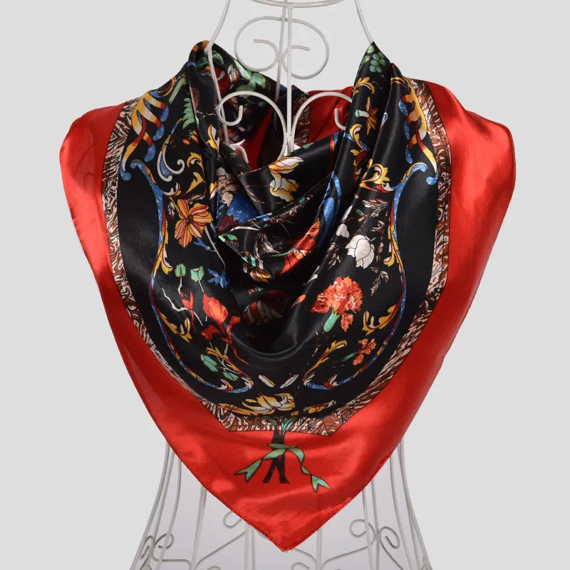 Coffee Red Rose Print Satin Square Scarf