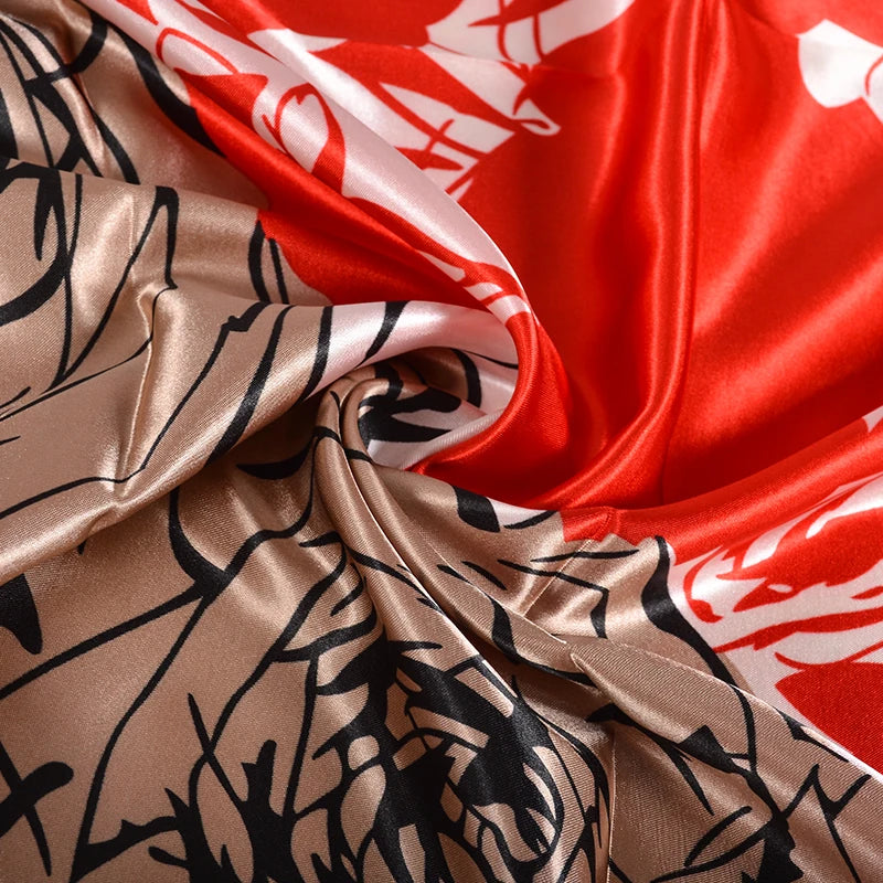 Coffee Red Rose Print Satin Square Scarf