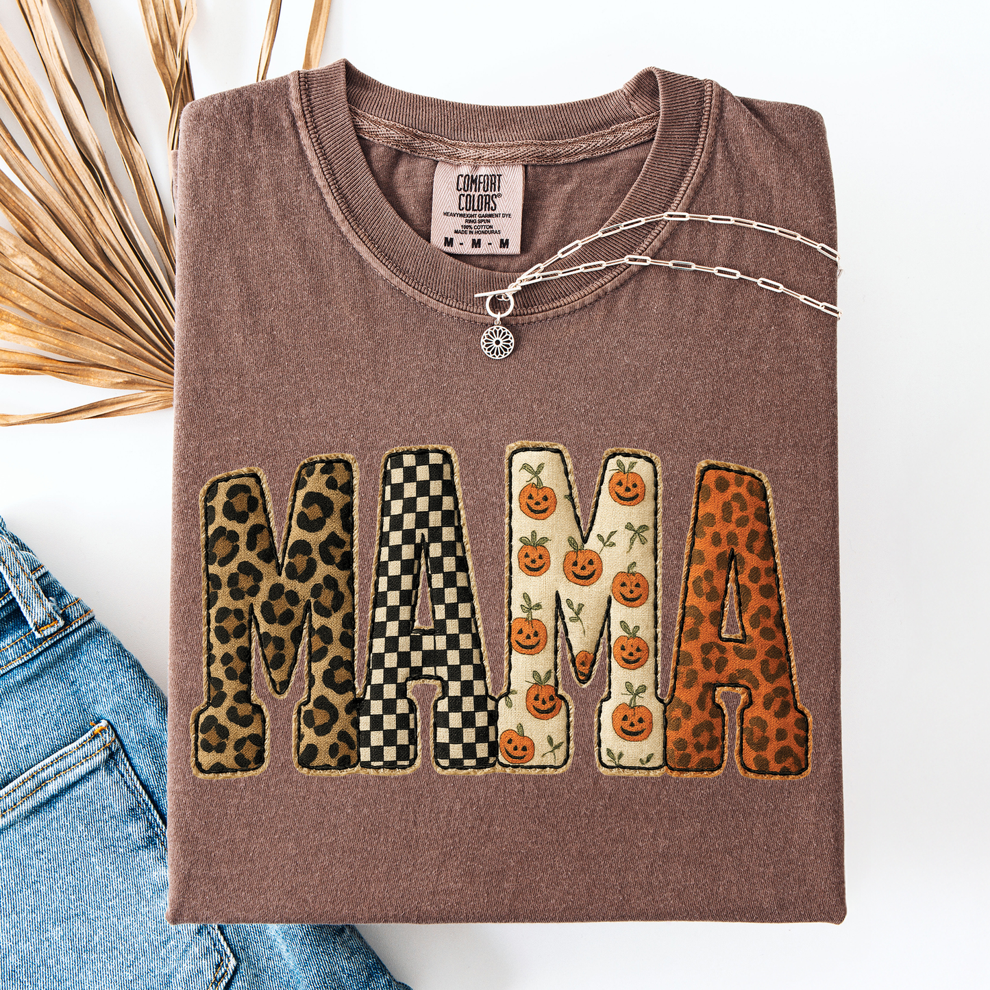Mama Halloween Pattern Leopard Print Checkered Pumpkin Seasonal Comfort Colors Tee