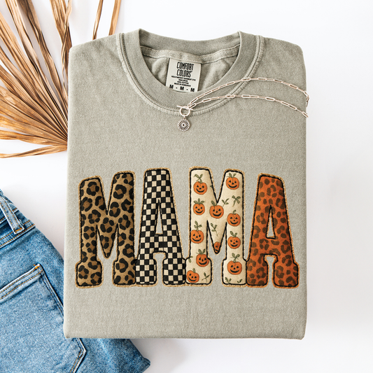 Mama Halloween Pattern Leopard Print Checkered Pumpkin Seasonal Comfort Colors Tee