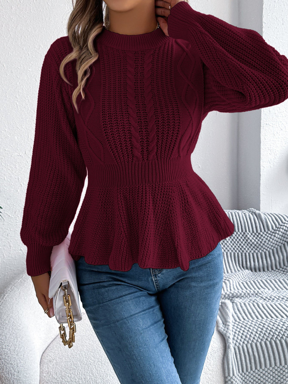 Elegant Twist-Front Waist-Cinching Knit Pullover Sweater