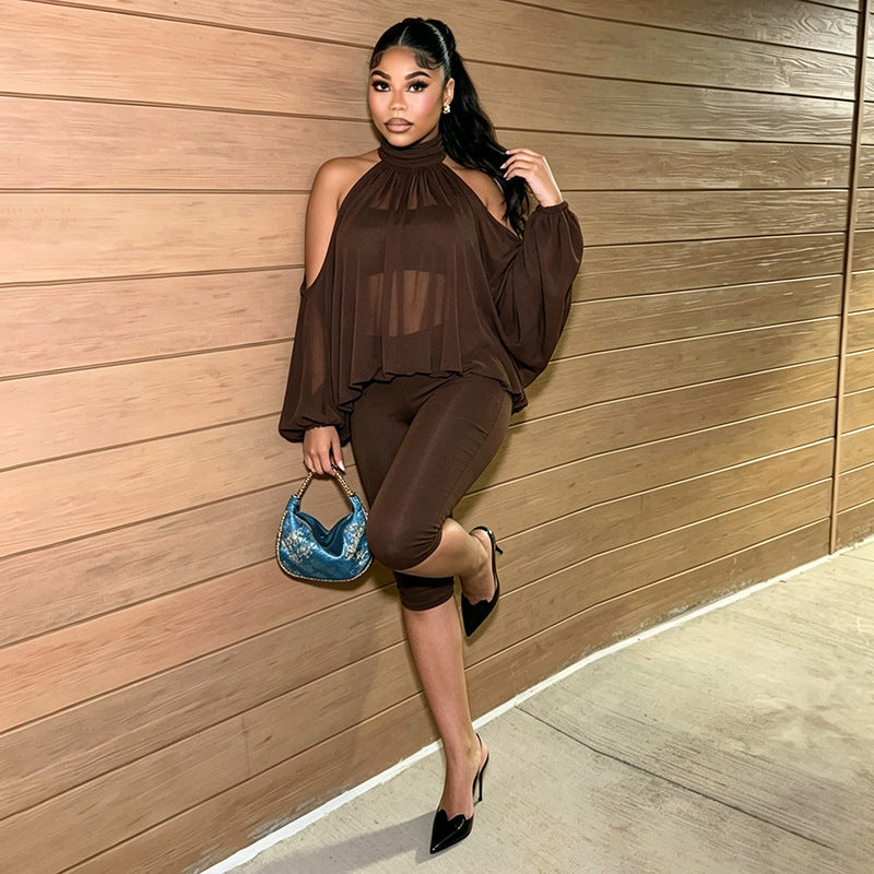Chic 3-Piece Cutout Long Sleeve Top, Tube Top & Cropped Trousers Set