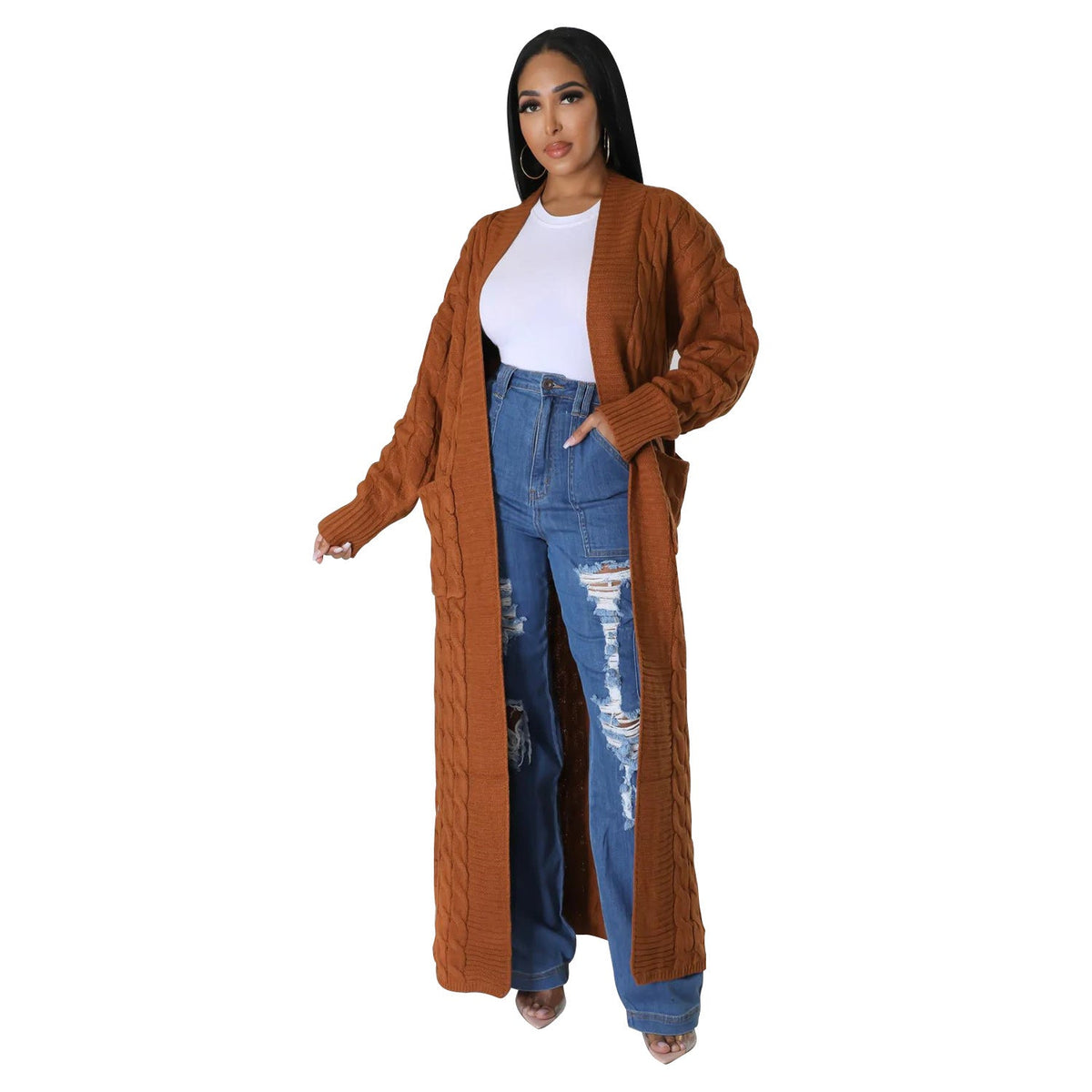 Floor-Length Maxi Duster Knit Sweater Coat