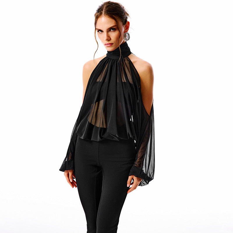 Chic 3-Piece Cutout Long Sleeve Top, Tube Top & Cropped Trousers Set