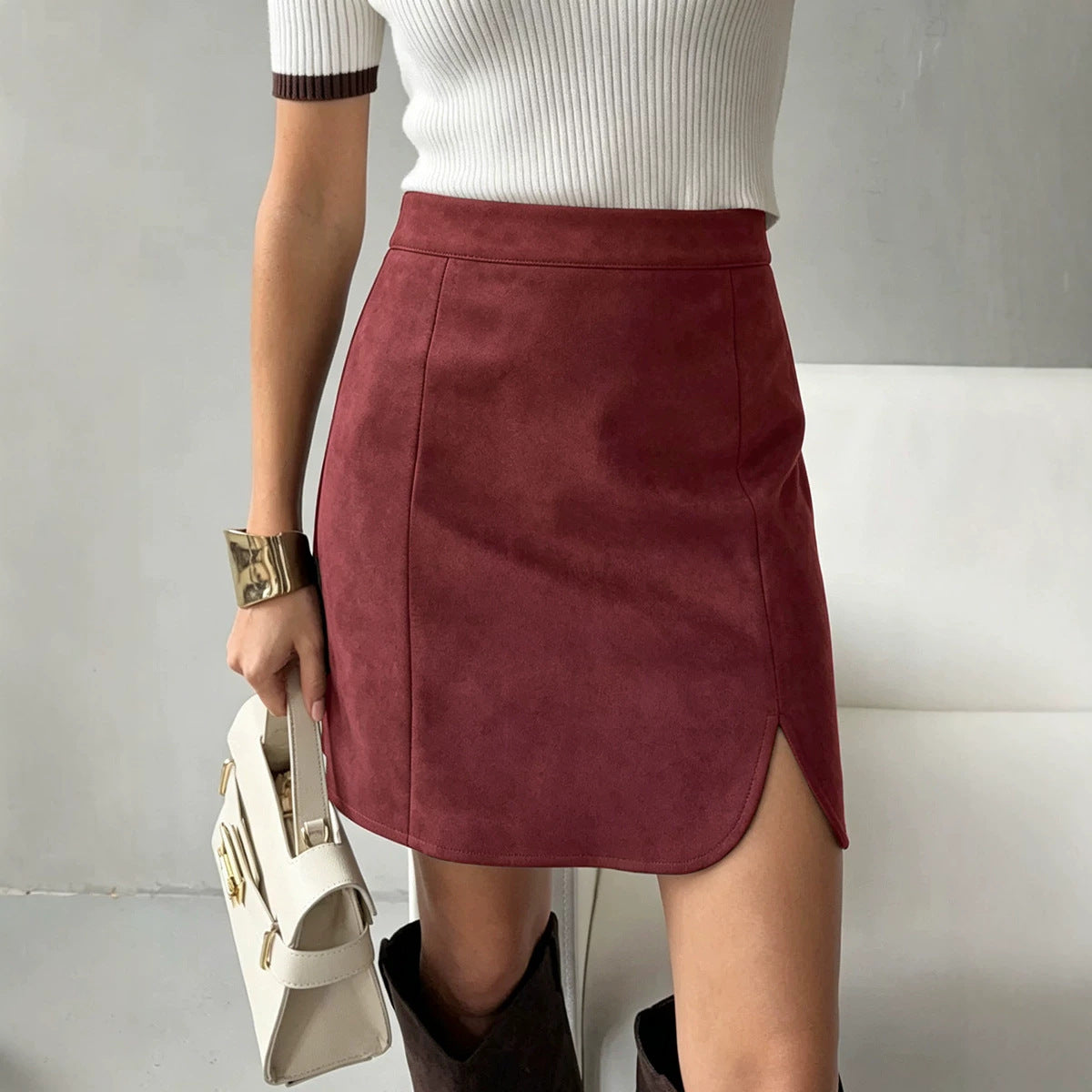 Chic High-Rise Faux Suede Bodycon Skirt with Side Split