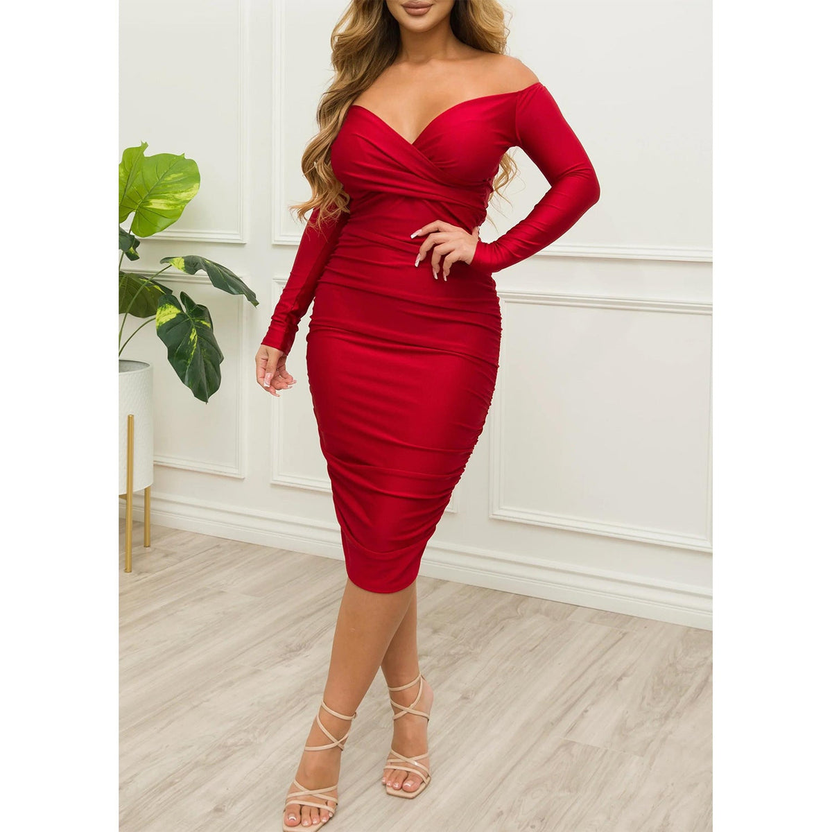 Elegant Off-the-Shoulder Ruffle Midi Bodycon Dress