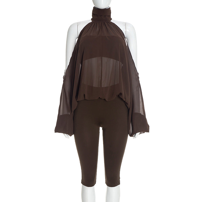Chic 3-Piece Cutout Long Sleeve Top, Tube Top & Cropped Trousers Set