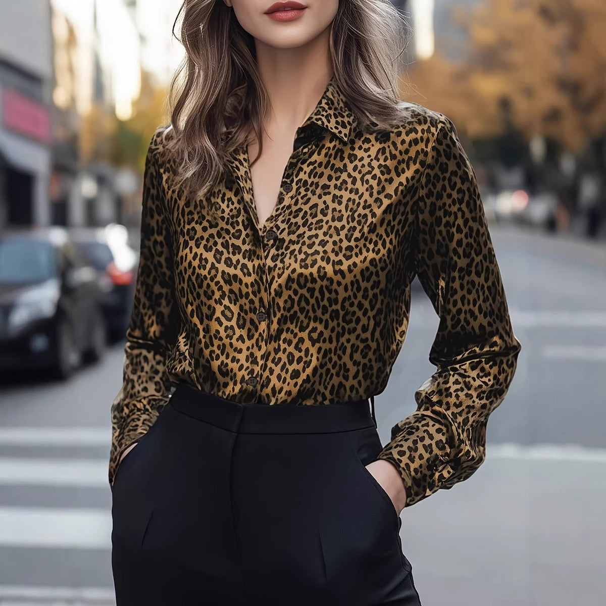Chic Leopard Print Long Sleeve Button-Down Shirt