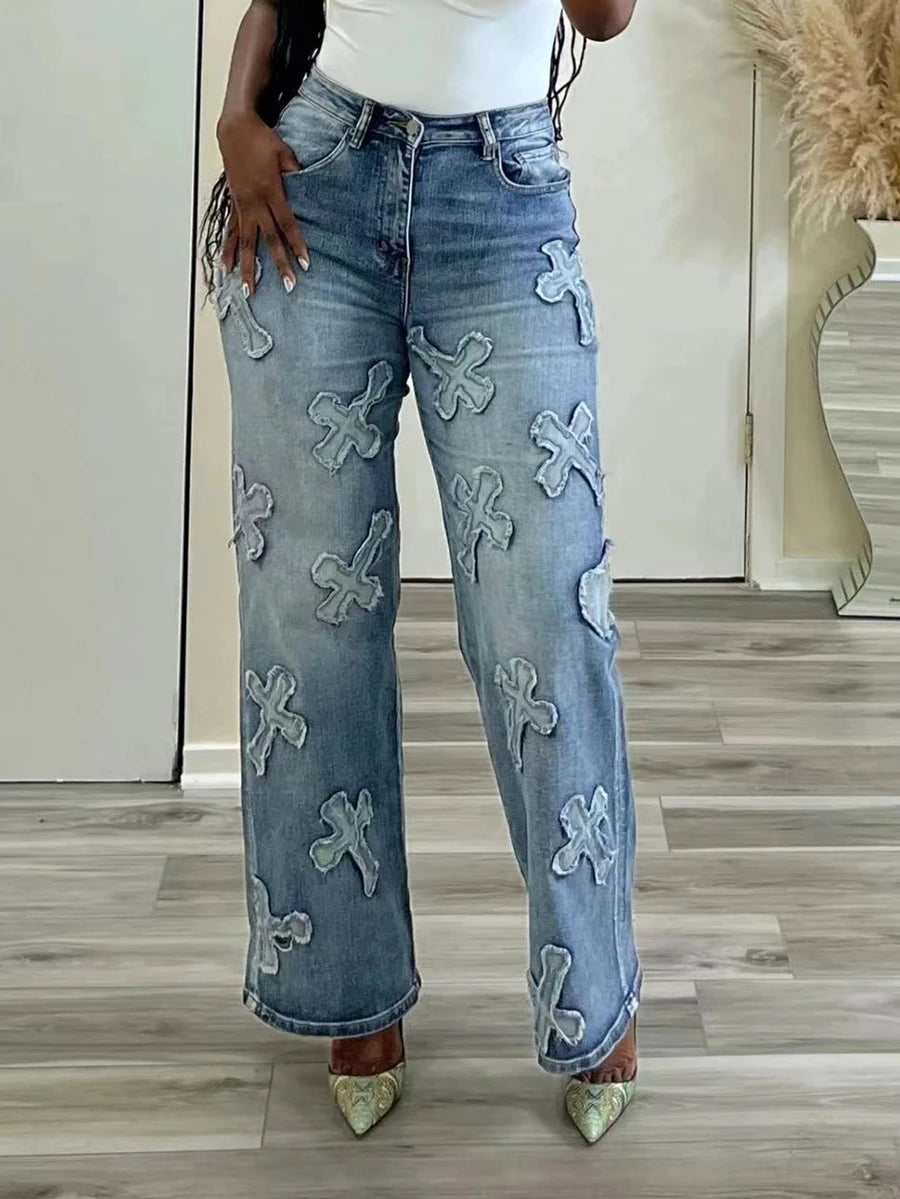 Vintage Washed Tassel Cross Straight-Leg Jeans