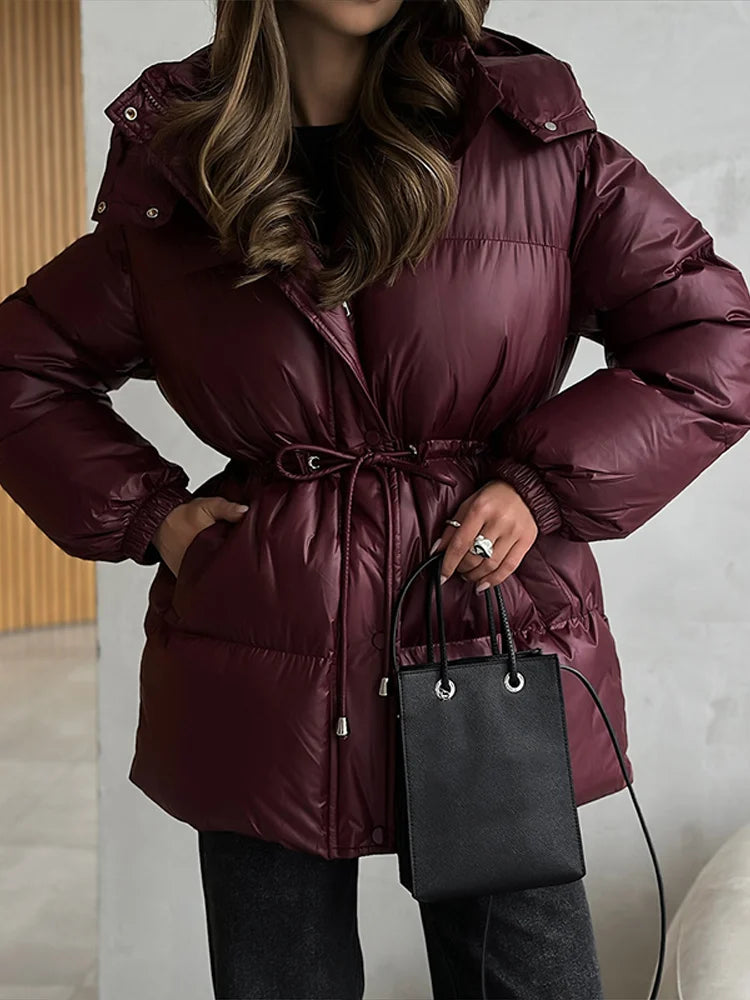 Women's Thick Padded Stand-Collar Winter Jacket with Tie Belt