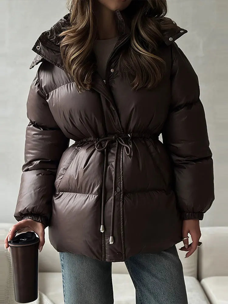 Women's Thick Padded Stand-Collar Winter Jacket with Tie Belt